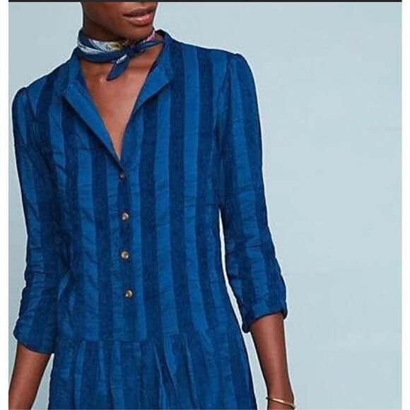 The Odells Sonia Blue Stripe Drop Waist Linen Blend Shirt Dress size xsp - Picture 7 of 9